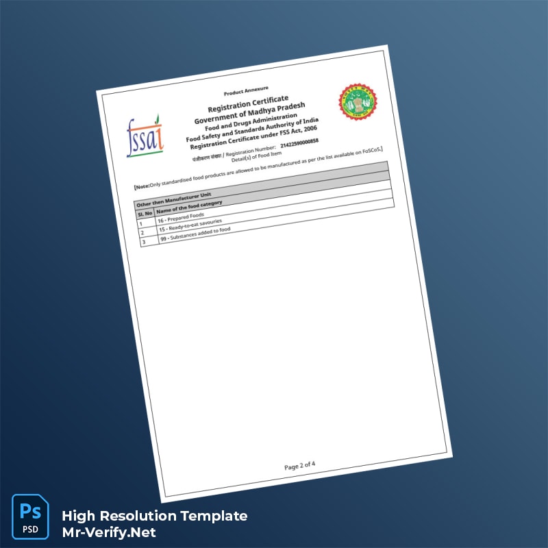 Editable India Food and Drugs Administration Business Registration Certificate Word and Pdf Template 4 page Editable India Food and Drugs Administration Business Registration Certificate Word and Pdf Template 4 page