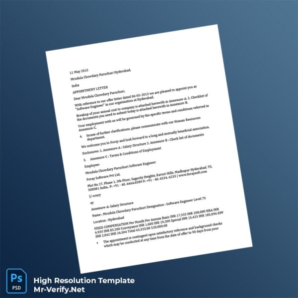 Editable India Foray Software Employment Verification Letter Word and Pdf Template 5 page