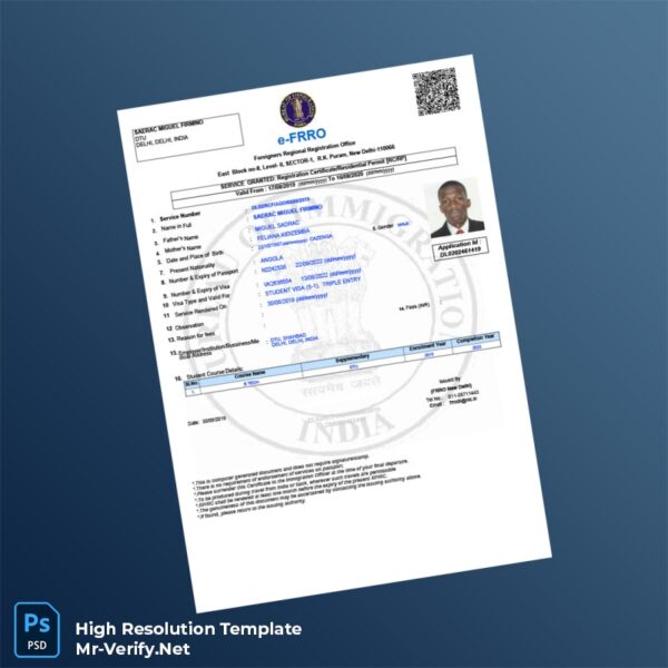 Editable India Foreigners Regional Registration Office Registration Certificate Word and Pdf Template 2 page Editable India Foreigners Regional Registration Office Registration Certificate Word and Pdf Template 2 page
