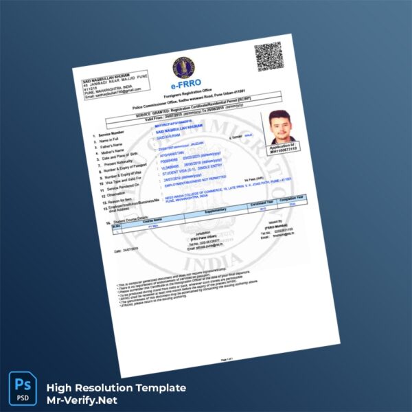 Editable India Foreigners Registration Office Registration Certificate Word and Pdf Template Editable India Foreigners Registration Office Registration Certificate Word and Pdf Template