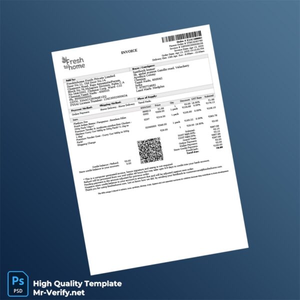 India Freshtohome Foods Private Limited Invoice Template in Word and PDF formats