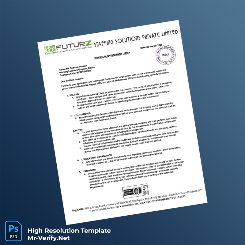 Editable India Futurz Staffing Solutions Pvt Ltd Employment Verification Letter Word and Pdf Template 5 page Editable India Futurz Staffing Solutions Pvt Ltd Employment Verification Letter Word and Pdf Template 5 page