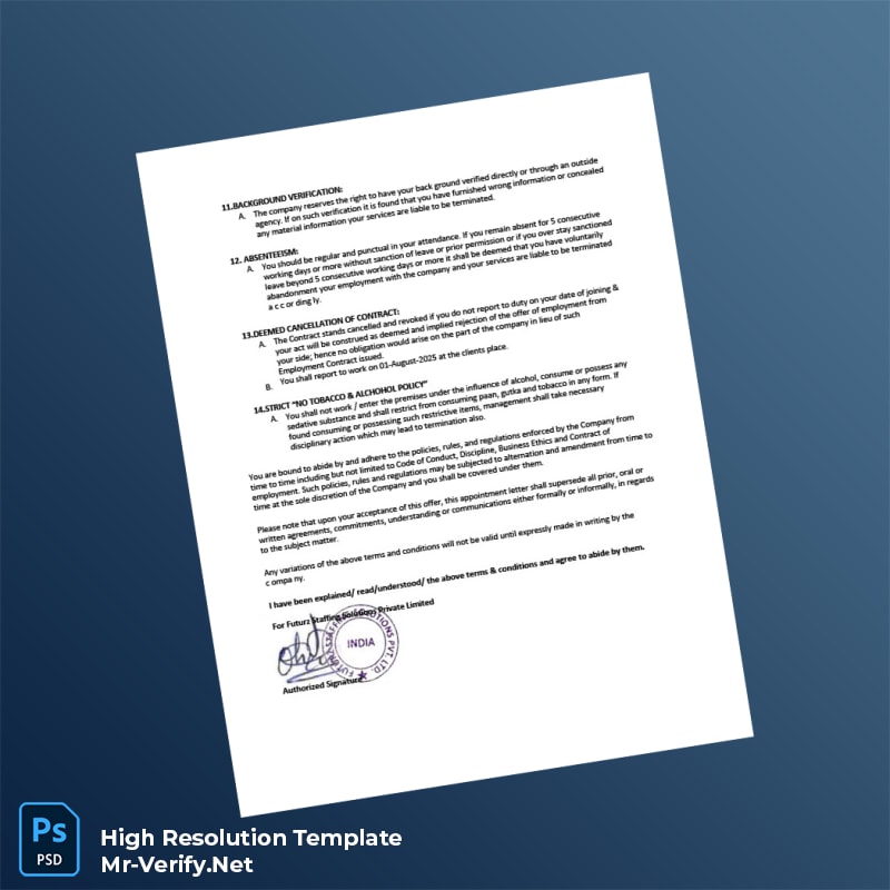 Editable India Futurz Staffing Solutions Pvt Ltd Employment Verification Letter Word and Pdf Template 5 page Editable India Futurz Staffing Solutions Pvt Ltd Employment Verification Letter Word and Pdf Template 5 page