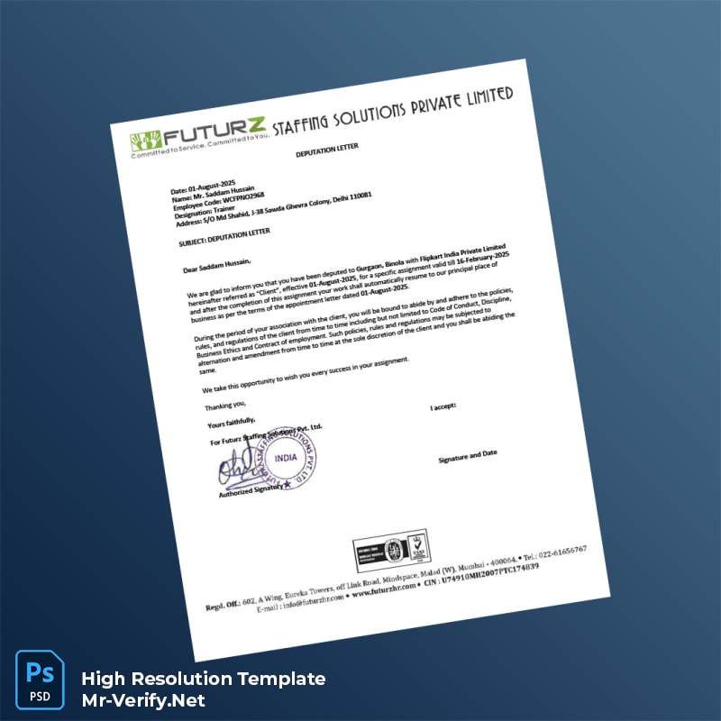 Editable India Futurz Staffing Solutions Pvt Ltd Employment Verification Letter Word and Pdf Template 5 page Editable India Futurz Staffing Solutions Pvt Ltd Employment Verification Letter Word and Pdf Template 5 page