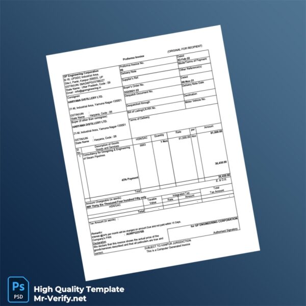 India GP Engineering Corporation Proforma Invoice Template in Word and PDF formats India GP Engineering Corporation Proforma Invoice Template in Word and PDF formats