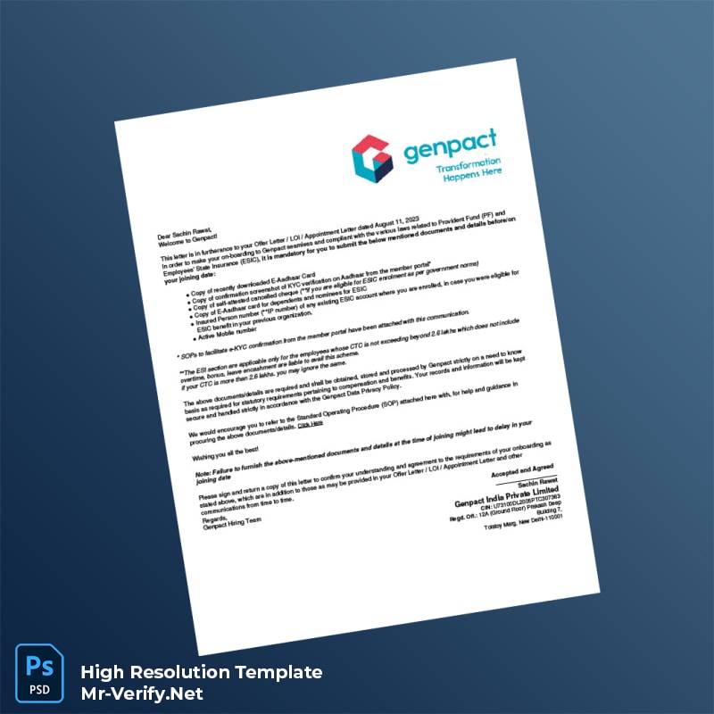 Editable India Genpact Employment Verification Letter Word and Pdf Template 7 page Editable India Genpact Employment Verification Letter Word and Pdf Template 7 page