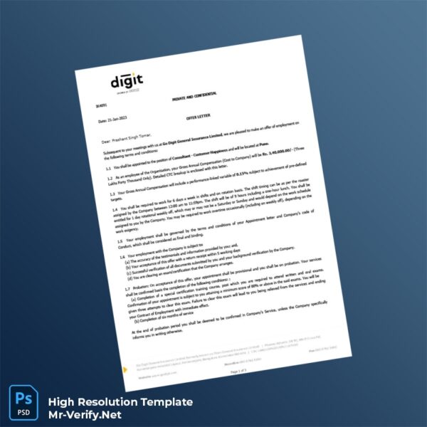 Editable India Go Digit General Insurance Limited Employment Verification Letter Word and Pdf Template 3 page