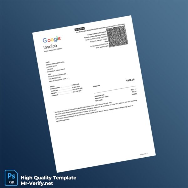 India Google Invoice Template in Word and PDF formats 2 page India Google Invoice Template in Word and PDF formats 2 page