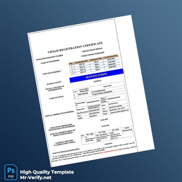 India Government of India Editable Udyam Registration Certificate Template in Word and PDF formats 2 page