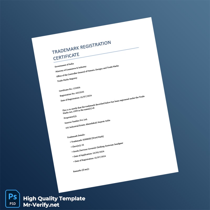 India Government of India Trademark Registration Certificate Template in Word and PDF formats 2 page India Government of India Trademark Registration Certificate Template in Word and PDF formats 2 page