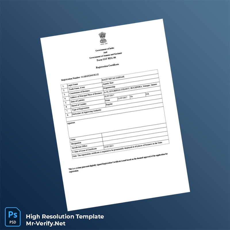 Editable India Government of Jammu and Kashmir GST Registration Certificate Word and Pdf Template 3 page Editable India Government of Jammu and Kashmir GST Registration Certificate Word and Pdf Template 3 page