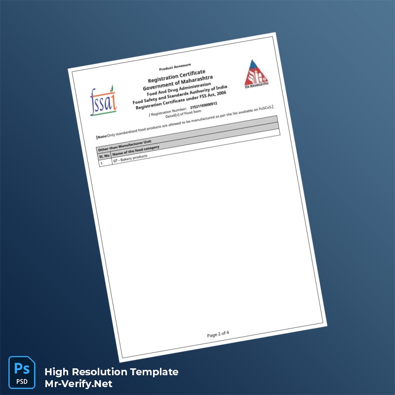 India Government of Maharashtra Food Registration Certificate Word and Pdf Template 4 page India Government of Maharashtra Food Registration Certificate Word and Pdf Template 4 page