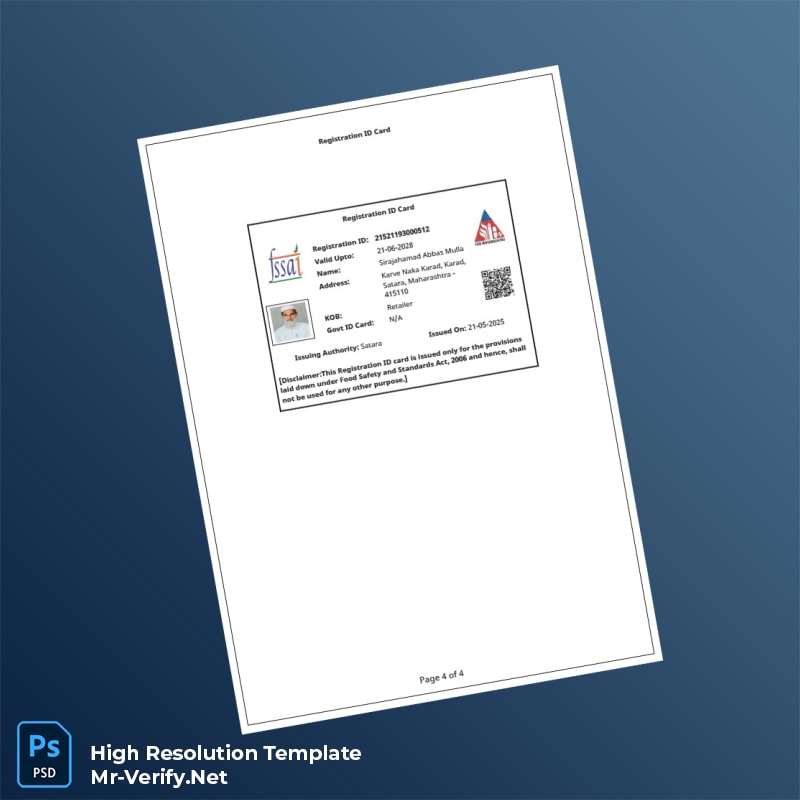 India Government of Maharashtra Food Registration Certificate Word and Pdf Template 4 page India Government of Maharashtra Food Registration Certificate Word and Pdf Template 4 page