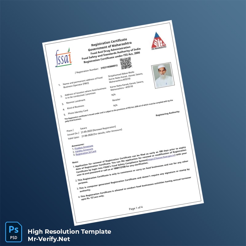 India Government of Maharashtra Food Registration Certificate Word and Pdf Template 4 page India Government of Maharashtra Food Registration Certificate Word and Pdf Template 4 page