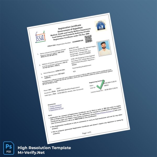 India Government of Rajasthan Food Safety and Standards Authority Registration Certificate Word and Pdf Template 5 page
