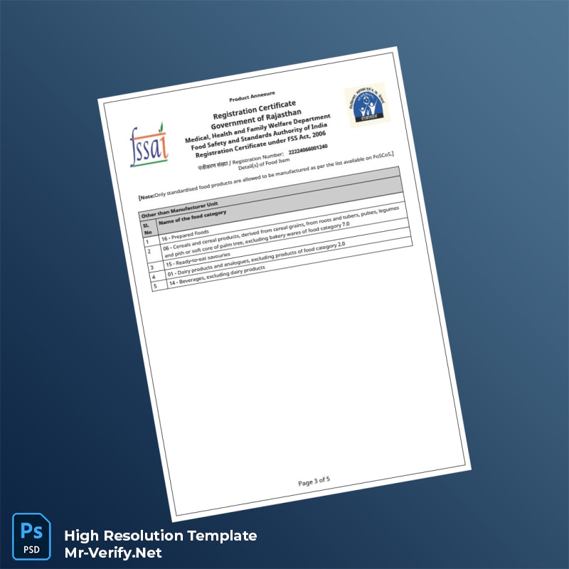 India Government of Rajasthan Food Safety and Standards Authority Registration Certificate Word and Pdf Template 5 page India Government of Rajasthan Food Safety and Standards Authority Registration Certificate Word and Pdf Template 5 page