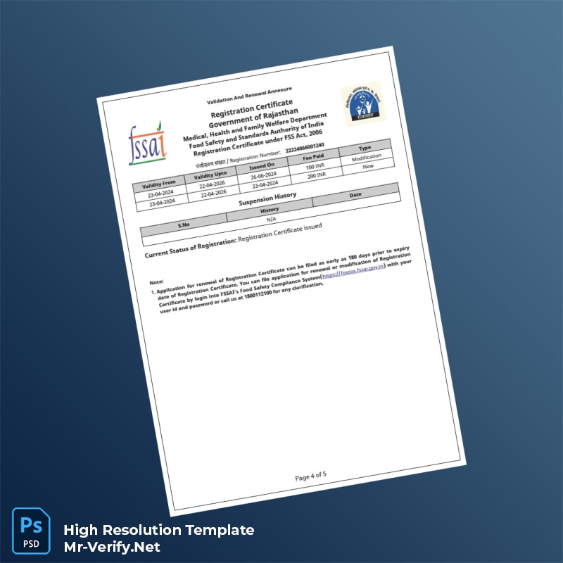 India Government of Rajasthan Food Safety and Standards Authority Registration Certificate Word and Pdf Template 5 page India Government of Rajasthan Food Safety and Standards Authority Registration Certificate Word and Pdf Template 5 page