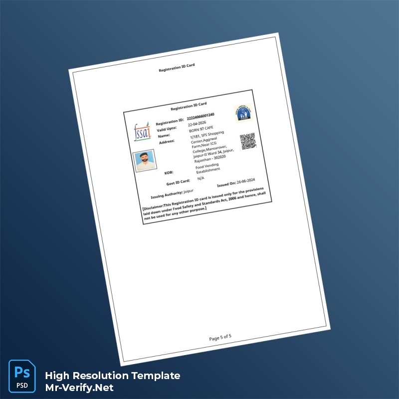 India Government of Rajasthan Food Safety and Standards Authority Registration Certificate Word and Pdf Template 5 page India Government of Rajasthan Food Safety and Standards Authority Registration Certificate Word and Pdf Template 5 page