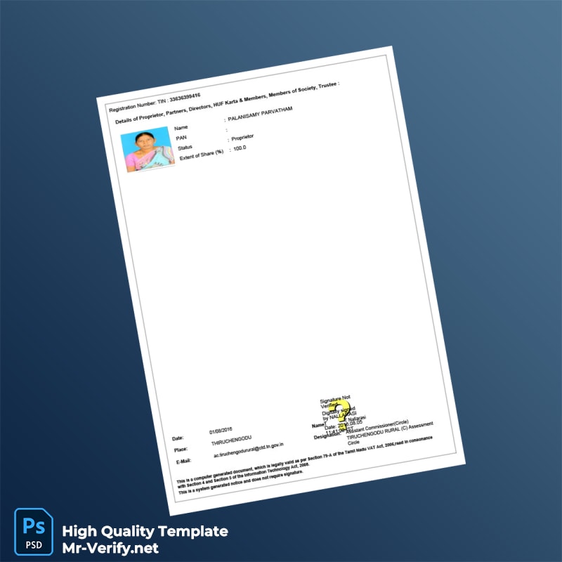 India Government of Tamil Nadu Commercial Taxes Department Business Registration Certificate Template in Word and PDF formats 2 page India Government of Tamil Nadu Commercial Taxes Department Business Registration Certificate Template in Word and PDF formats 2 page