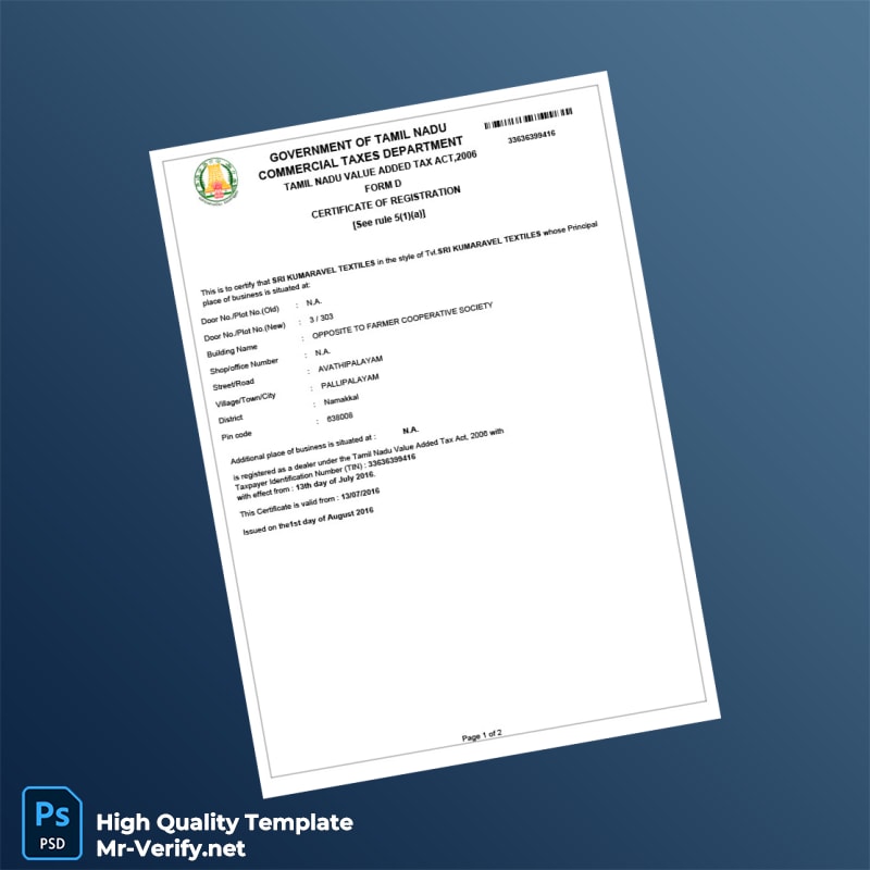 India Government of Tamil Nadu Commercial Taxes Department Business Registration Certificate Template in Word and PDF formats 2 page India Government of Tamil Nadu Commercial Taxes Department Business Registration Certificate Template in Word and PDF formats 2 page