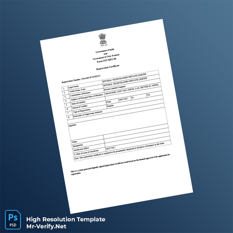 India Government of Uttar Pradesh GST Registration Certificate Word and Pdf Template 3 page India Government of Uttar Pradesh GST Registration Certificate Word and Pdf Template 3 page