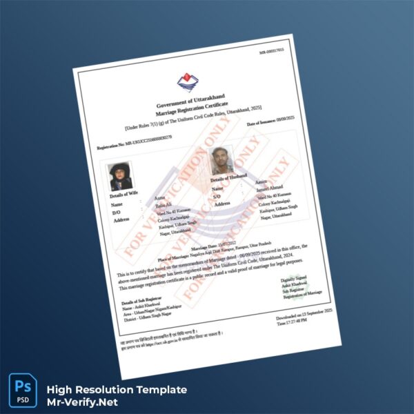 Editable India Government of Uttarakhand Marriage Registration Certificate Word and Pdf Template