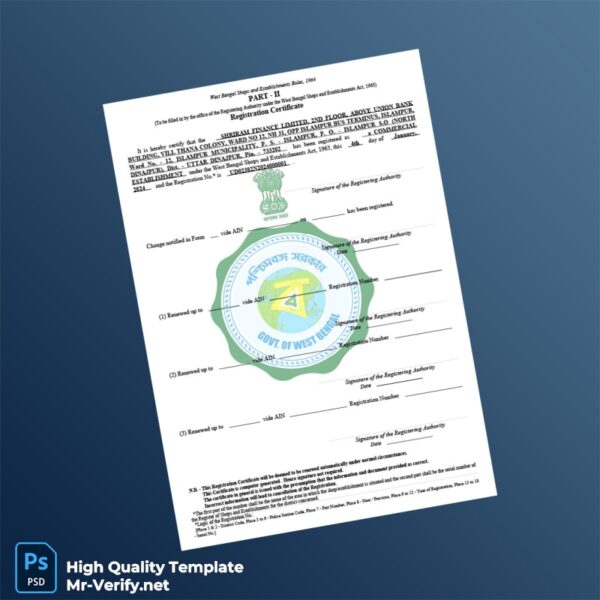 India Government of West Bengal Business Registration Certificate Template in Word and PDF formats