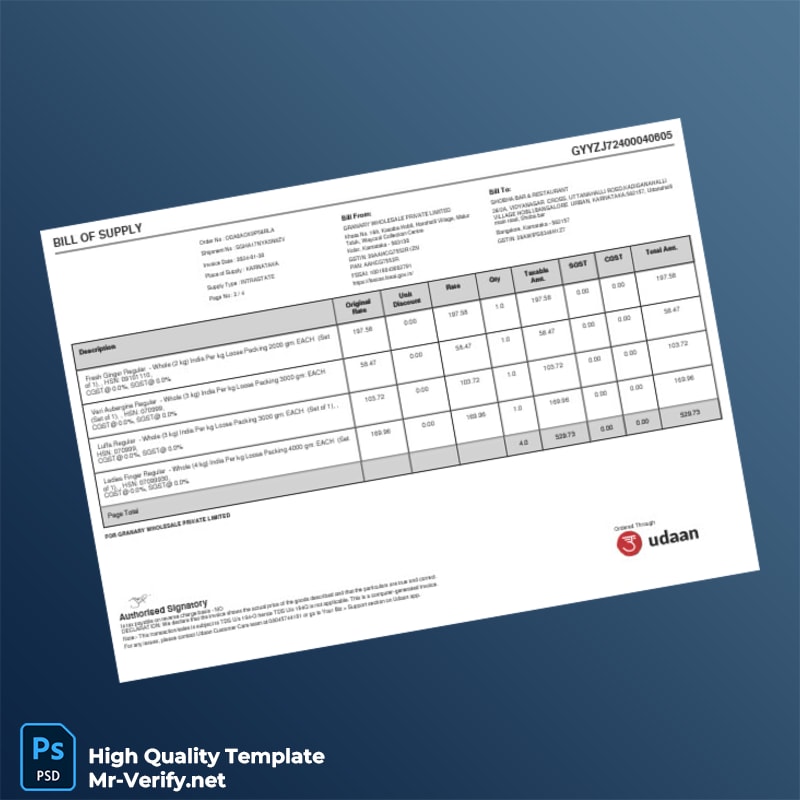 India Granary Wholesale Private Limited Invoice Template in Word and PDF formats 4 page India Granary Wholesale Private Limited Invoice Template in Word and PDF formats 4 page