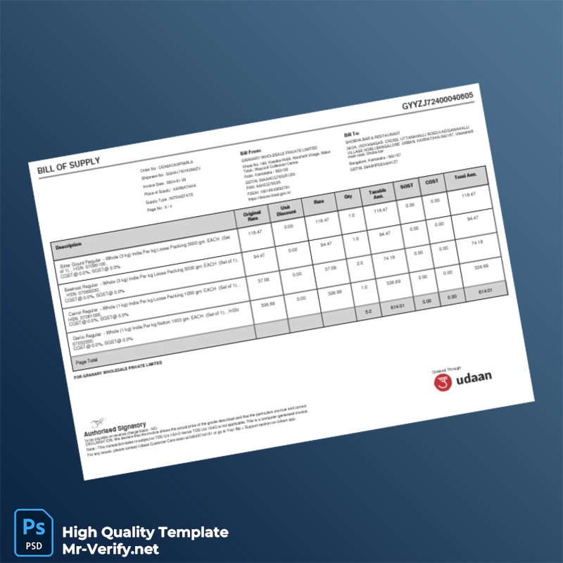 India Granary Wholesale Private Limited Invoice Template in Word and PDF formats 4 page India Granary Wholesale Private Limited Invoice Template in Word and PDF formats 4 page