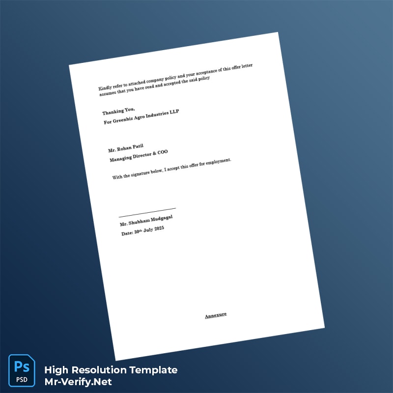 Editable India Greenbiz Agro Industries LLP Offer Letter Word and Pdf Template 4 page Editable India Greenbiz Agro Industries LLP Offer Letter Word and Pdf Template 4 page