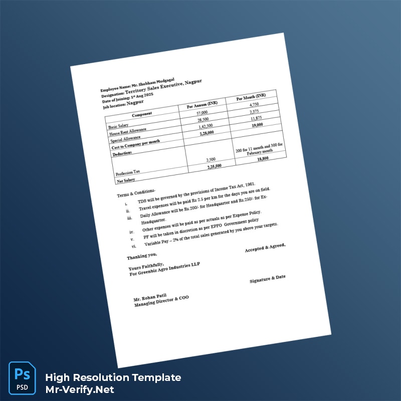 Editable India Greenbiz Agro Industries LLP Offer Letter Word and Pdf Template 4 page Editable India Greenbiz Agro Industries LLP Offer Letter Word and Pdf Template 4 page