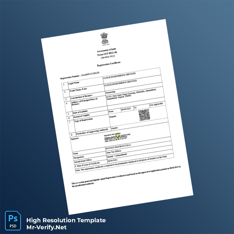 Editable India Gujarat GST Registration Certificate Word and Pdf Template 3 page Editable India Gujarat GST Registration Certificate Word and Pdf Template 3 page