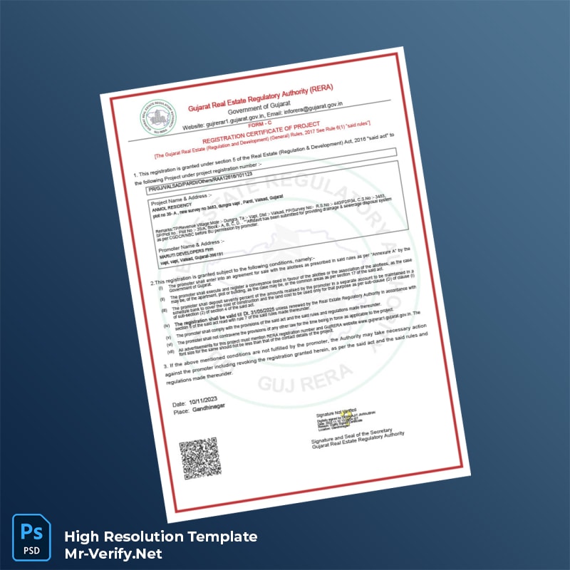 Editable India Gujarat Real Estate Regulatory Authority Registration Certificate Word and Pdf Template Editable India Gujarat Real Estate Regulatory Authority Registration Certificate Word and Pdf Template