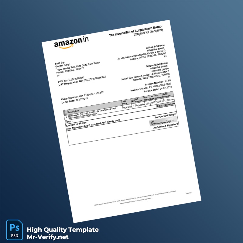 India Gurjant Singh Invoice Template in Word and PDF formats India Gurjant Singh Invoice Template in Word and PDF formats