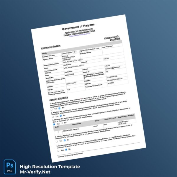 Editable India Haryana Engineering Works Portal Contractor Registration Application Form 4 page