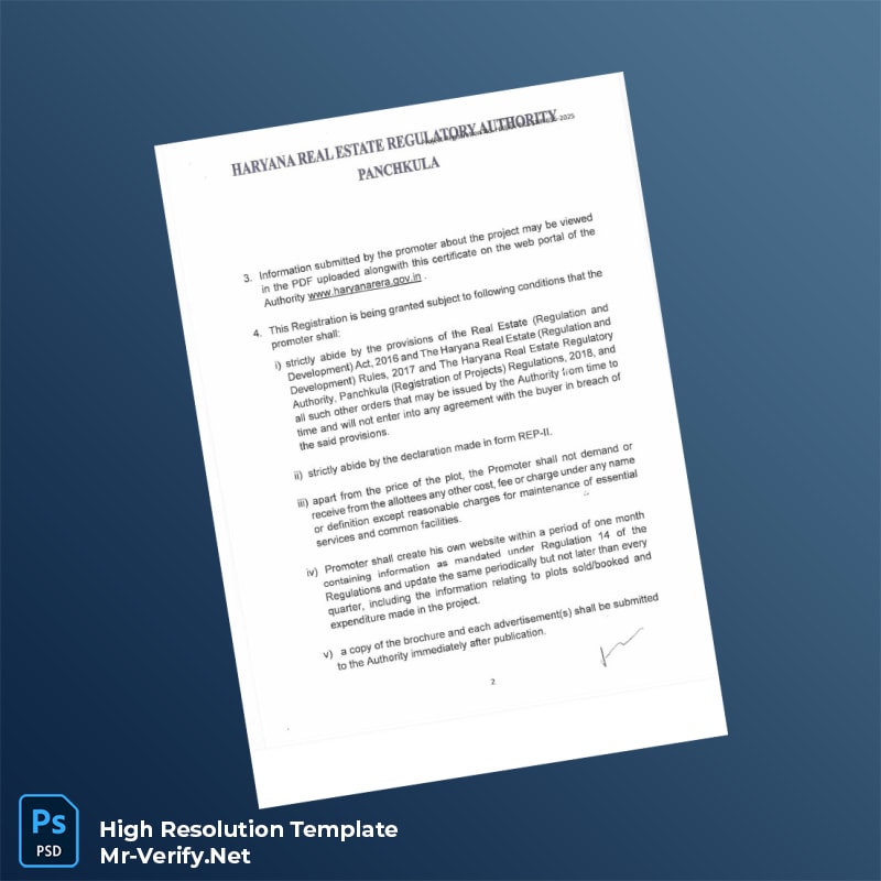 Editable India Haryana Real Estate Regulatory Authority Registration Certificate Word and Pdf Template 4 page Editable India Haryana Real Estate Regulatory Authority Registration Certificate Word and Pdf Template 4 page