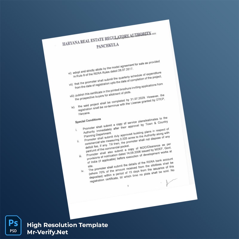 Editable India Haryana Real Estate Regulatory Authority Registration Certificate Word and Pdf Template 4 page Editable India Haryana Real Estate Regulatory Authority Registration Certificate Word and Pdf Template 4 page