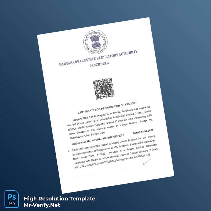 Editable India Haryana Real Estate Regulatory Authority Registration Certificate Word and Pdf Template 4 page Editable India Haryana Real Estate Regulatory Authority Registration Certificate Word and Pdf Template 4 page