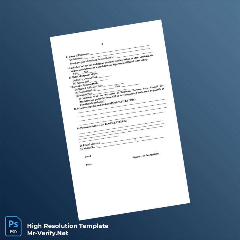 Editable India Haryana State Council for Physiotherapy Registration Certificate Word and Pdf Template 7 page Editable India Haryana State Council for Physiotherapy Registration Certificate Word and Pdf Template 7 page