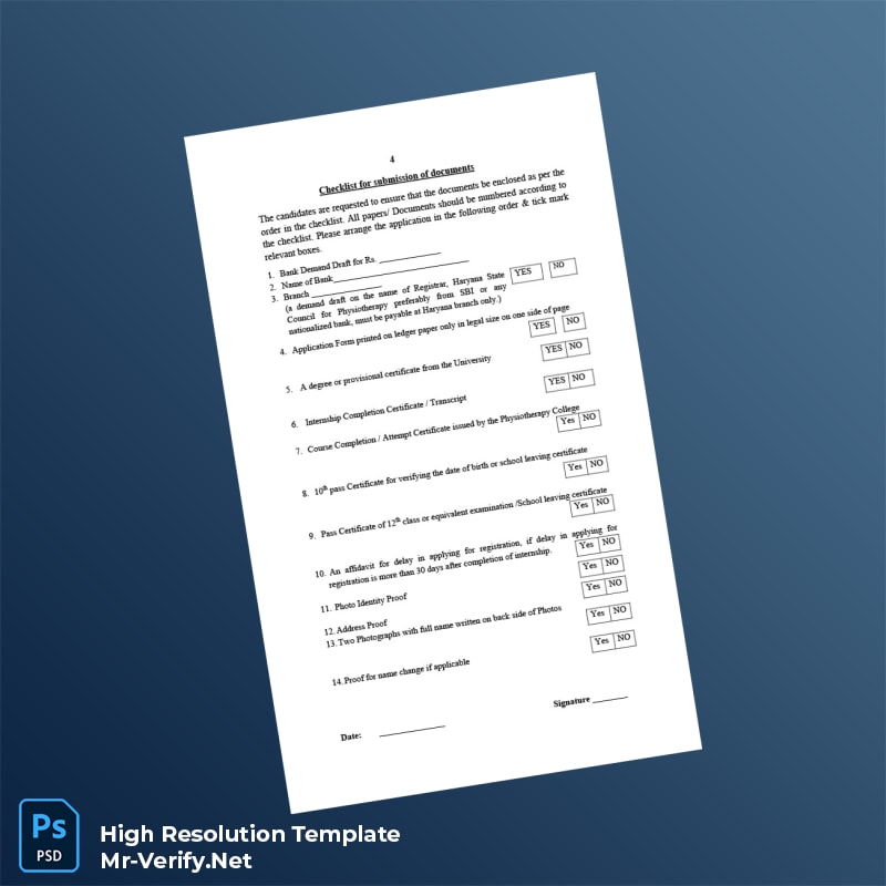 Editable India Haryana State Council for Physiotherapy Registration Certificate Word and Pdf Template 7 page Editable India Haryana State Council for Physiotherapy Registration Certificate Word and Pdf Template 7 page