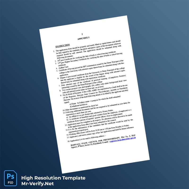 Editable India Haryana State Council for Physiotherapy Registration Certificate Word and Pdf Template 7 page Editable India Haryana State Council for Physiotherapy Registration Certificate Word and Pdf Template 7 page