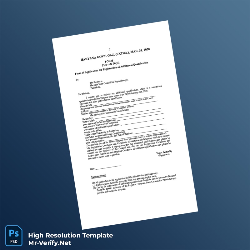 Editable India Haryana State Council for Physiotherapy Registration Certificate Word and Pdf Template 7 page Editable India Haryana State Council for Physiotherapy Registration Certificate Word and Pdf Template 7 page