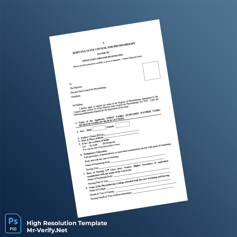 Editable India Haryana State Council for Physiotherapy Registration Certificate Word and Pdf Template 7 page Editable India Haryana State Council for Physiotherapy Registration Certificate Word and Pdf Template 7 page