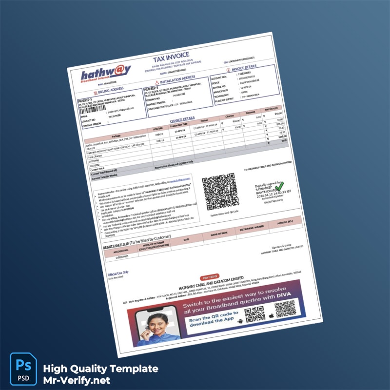 India Hathway Cable and Datacom Limited Invoice Template in Word and PDF formats India Hathway Cable and Datacom Limited Invoice Template in Word and PDF formats