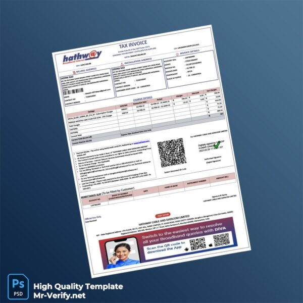 India Hathway Cable and Datacom Limited Tax Invoice Template in Word and PDF formats