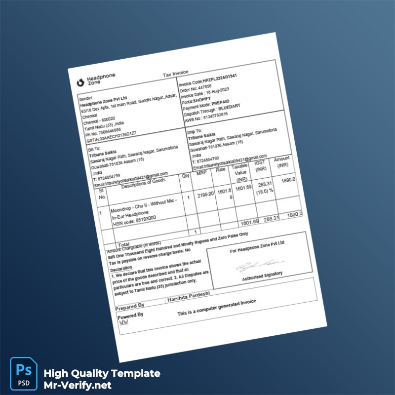 India Headphone Zone Pvt Ltd Tax Invoice Template in Word and PDF formats India Headphone Zone Pvt Ltd Tax Invoice Template in Word and PDF formats