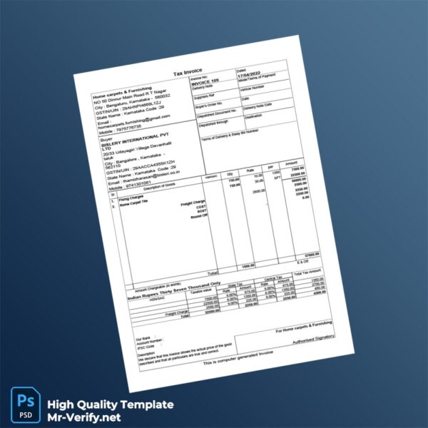 India Home Carpets Furnishing Tax Invoice Template in Word and PDF formats