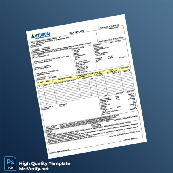 India Hyundai Construction Equipment Tax Invoice Template in Word and PDF formats India Hyundai Construction Equipment Tax Invoice Template in Word and PDF formats