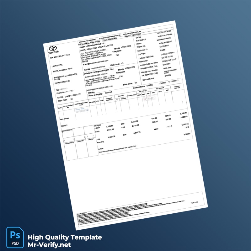 India IJM Motors Pvt Ltd Invoice Template in Word and PDF formats 2 page India IJM Motors Pvt Ltd Invoice Template in Word and PDF formats 2 page