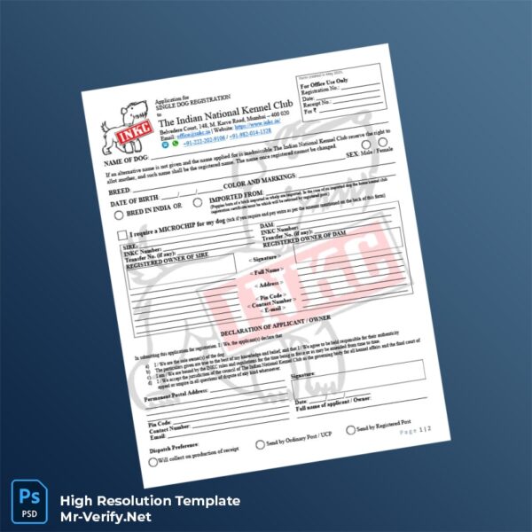 Editable India INKC Single Dog Registration Form Word and Pdf Template 2 page